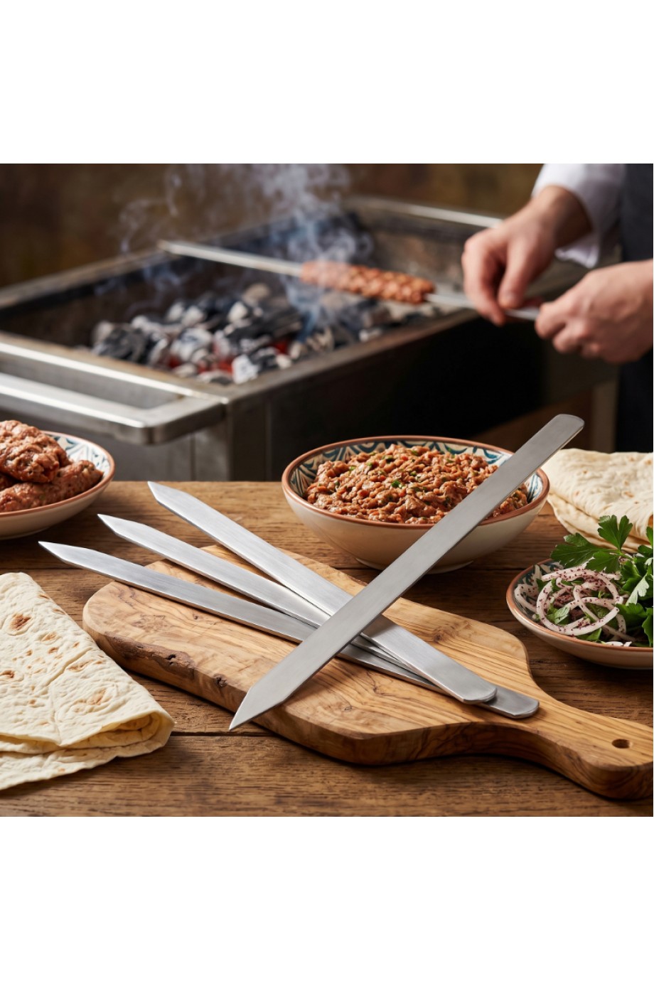 Profesyonel Adana Kebap Şişi - 60 cm - Yassı Metal - Mangal Ekipmanı