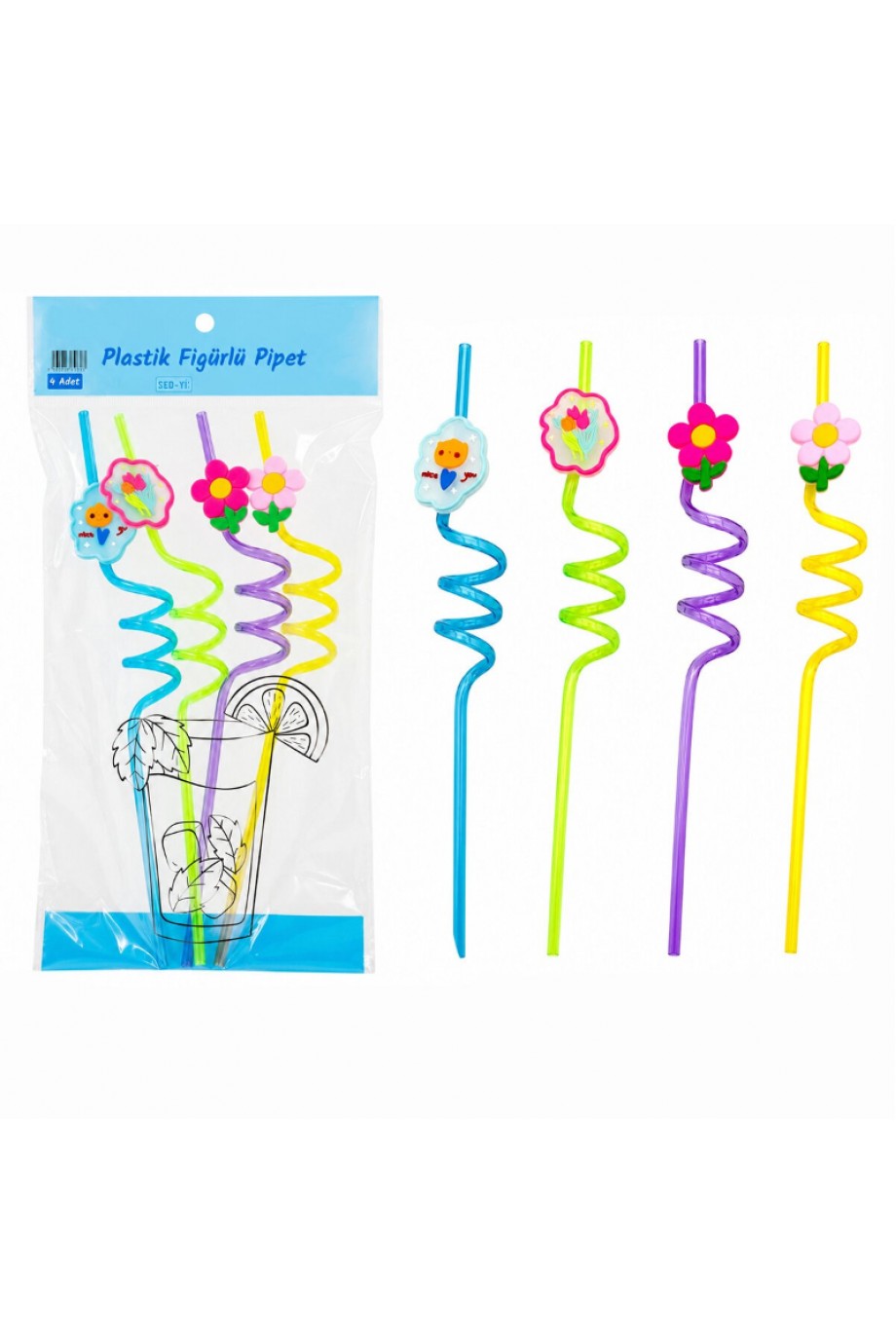 Kıvrımlı Renkli Plastik Pipet - Figürlü Tasarım - 4'lü Paket