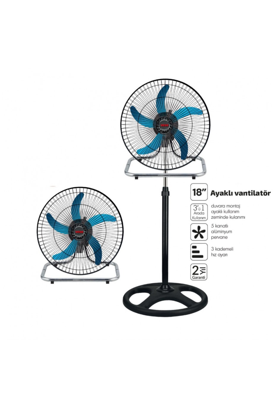 Sanayi Tipi Ayaklı Vantilatör - 5 Metal Kanatlı - 18 İnç 46 cm