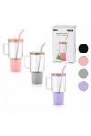 1000 ml Cam Matara Kupa Bardak - Bambu Kapaklı - Silikon Kılıflı - Çelik Pipetli