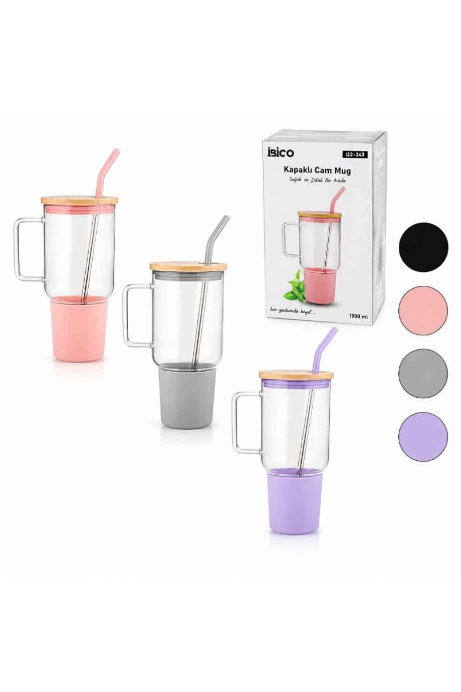 1000 ml Cam Matara Kupa Bardak - Bambu Kapaklı - Silikon Kılıflı - Çelik Pipetli
