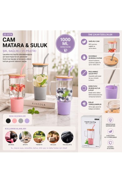 1000 ml Cam Matara Kupa Bardak - Bambu Kapaklı - Silikon Kılıflı - Çelik Pipetli