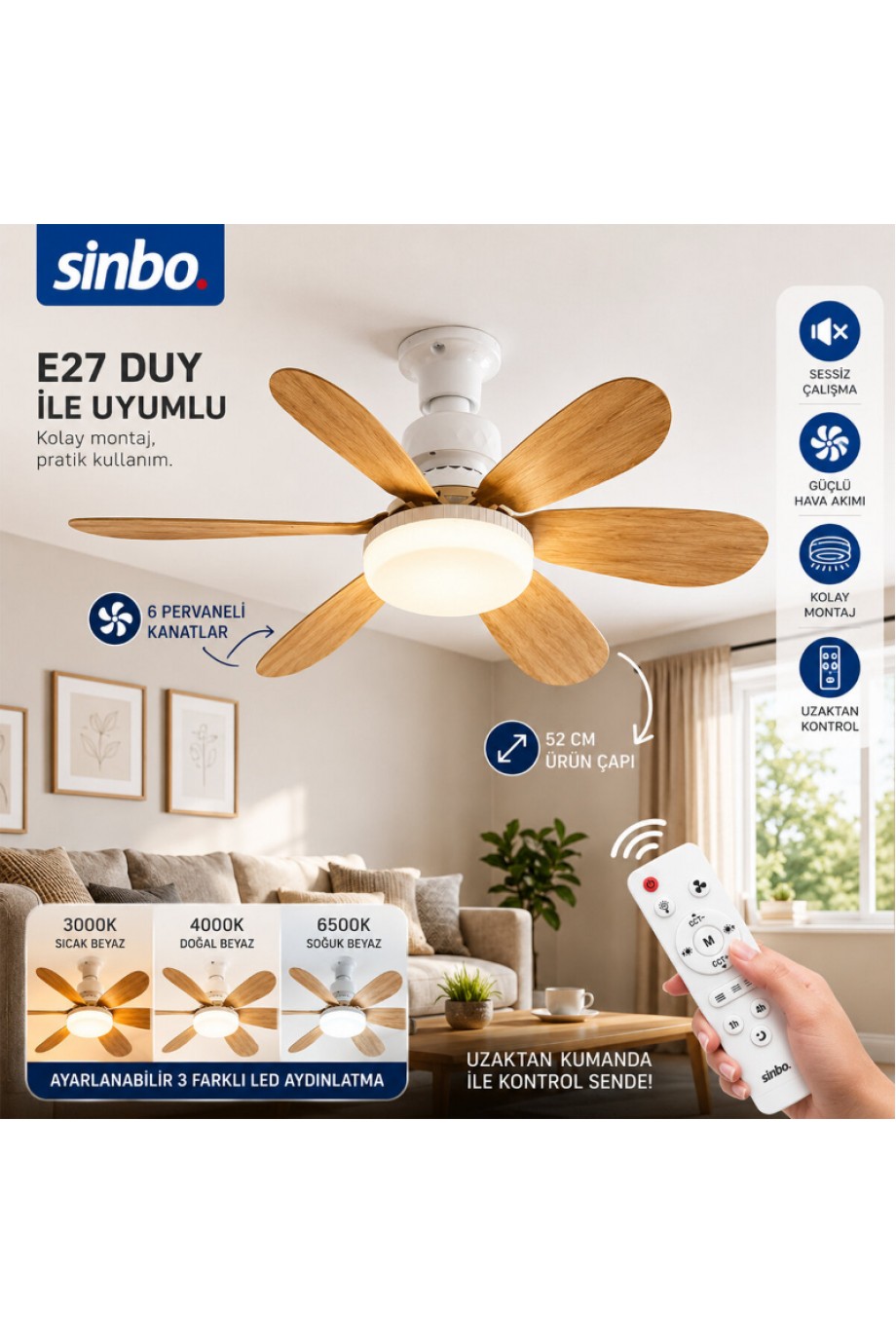 Tavan Vantilatörü ve LED Avize - Uzaktan Kumandalı - 6 Kanatlı - 52 cm Tavan Vantilatörü ve LED Avize - Uzaktan Kumandalı - 6 Kanatlı - 52 cm