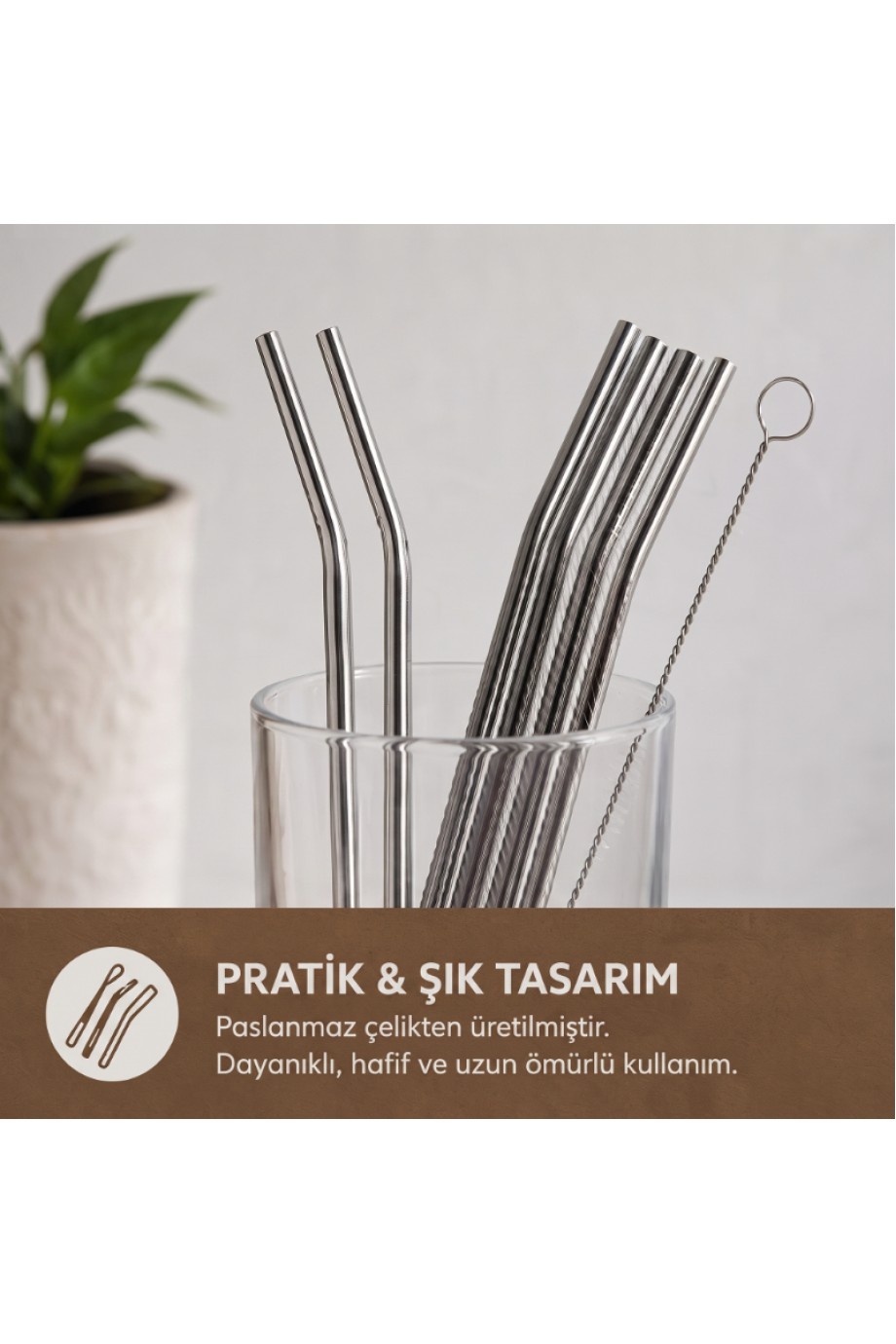 6'lı Kaşıklı Pipet Seti - Metal - Pipet Temizleme Fırçası