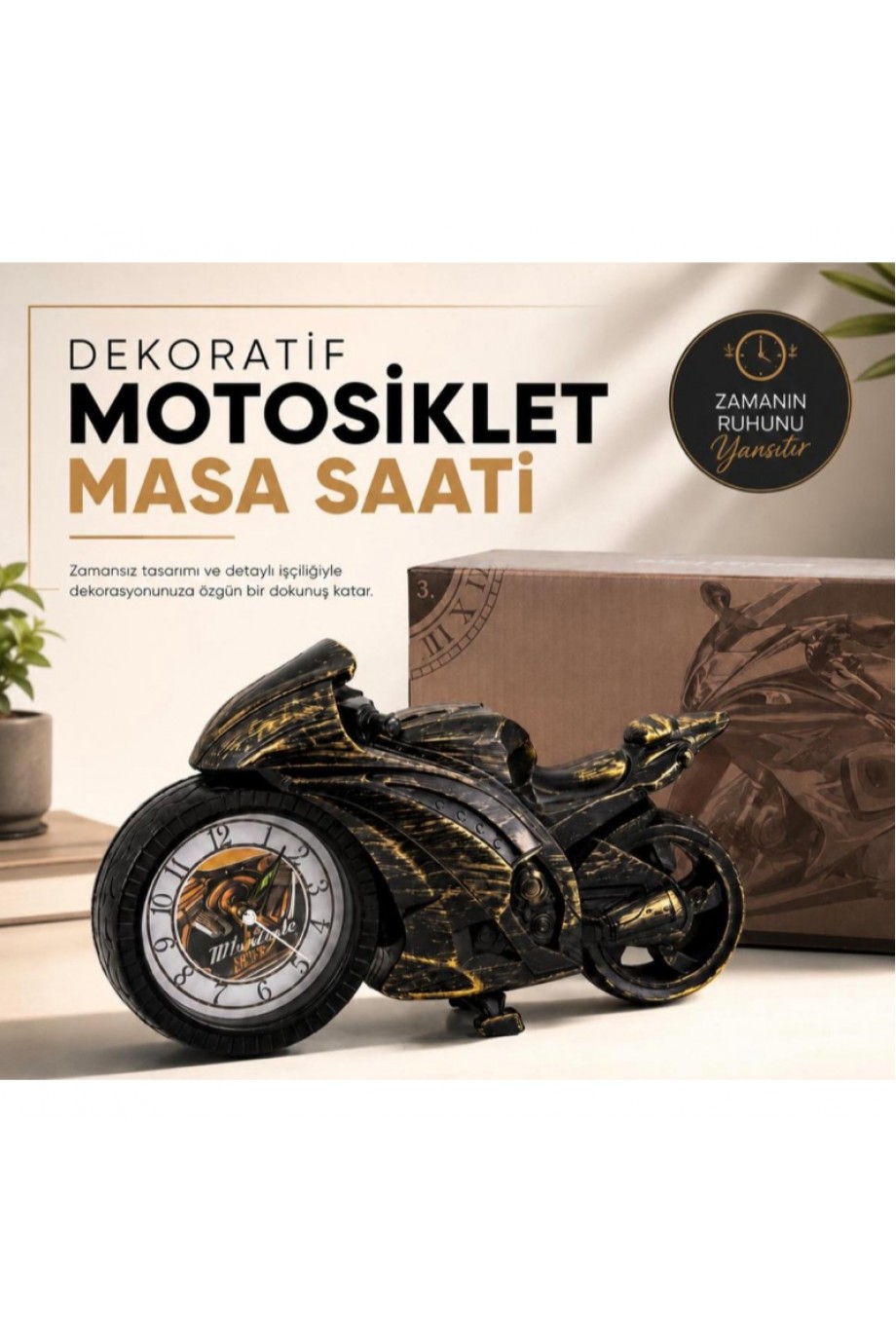 Motosiklet Tasarımlı Masa Saati - Dekoratif Hediyelik - Dayanıklı Malzeme