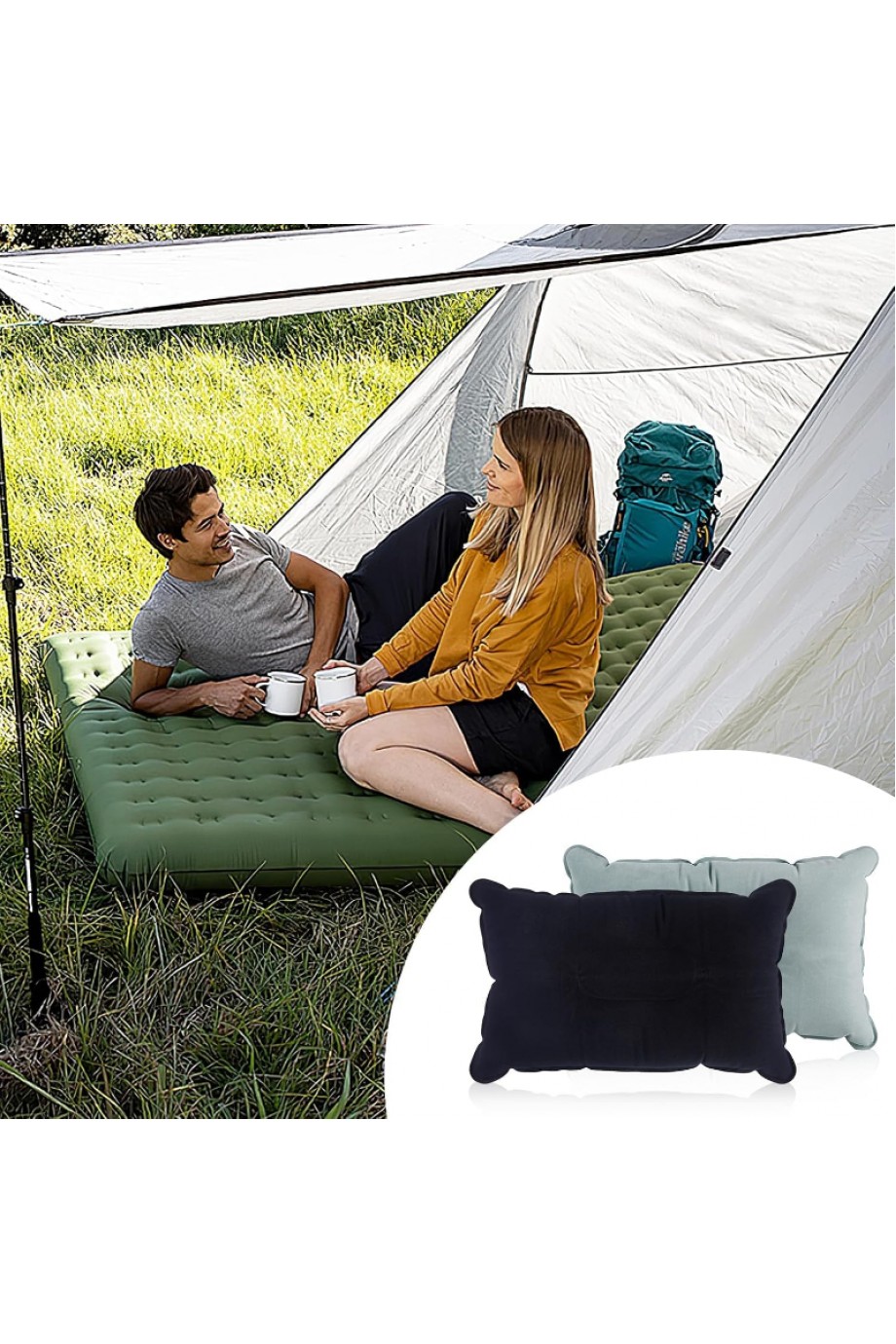 Şişme Kamp ve Yolculuk Yastığı - Ergonomik - Kadife Yüzey