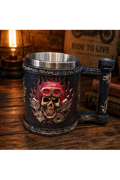 Kuru Kafa Motorcu Tasarımlı 3D Metal Kupa Bardak - Çelik İç Yüzey Kuru Kafa Motorcu Tasarımlı 3D Metal Kupa Bardak - Çelik İç Yüzey
