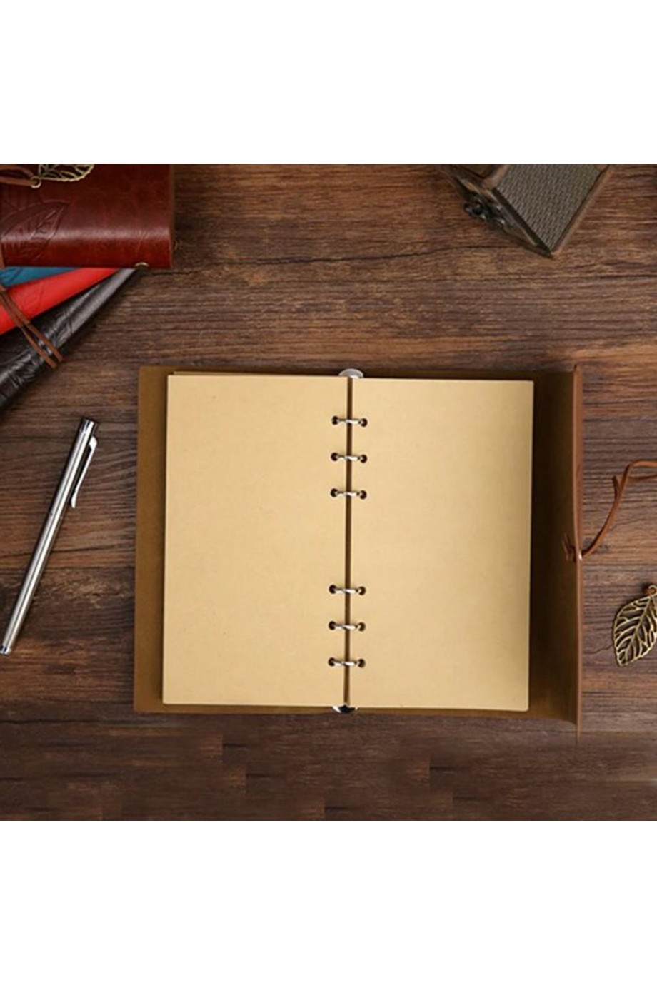 Kutulu Deri Defter ve Metal Roller Kalem Seti - Yaprak Desenli - Baskıya Uygun