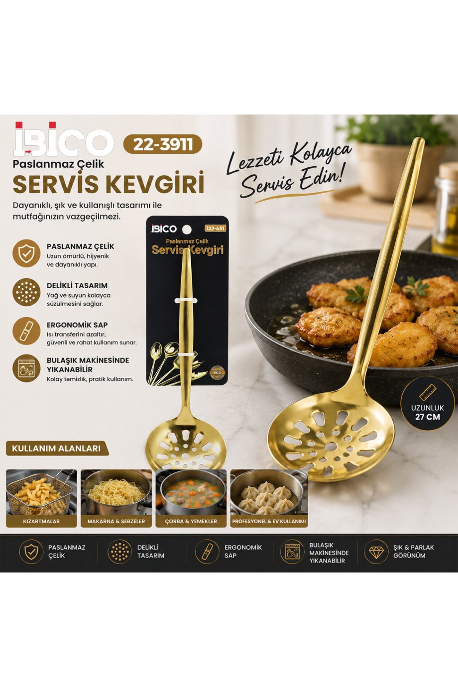 Metal Servis Kevgiri - 27 cm - Gold Renk