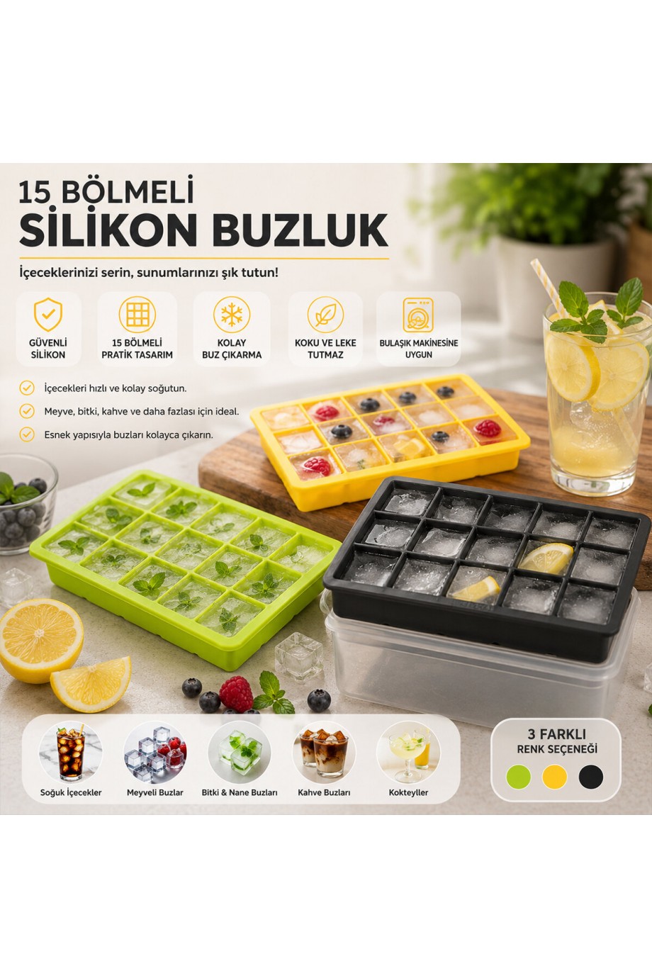 Renkli Pratik Buz Kalıbı - 15 Bölmeli - Silikon Renkli Pratik Buz Kalıbı - 15 Bölmeli - Silikon