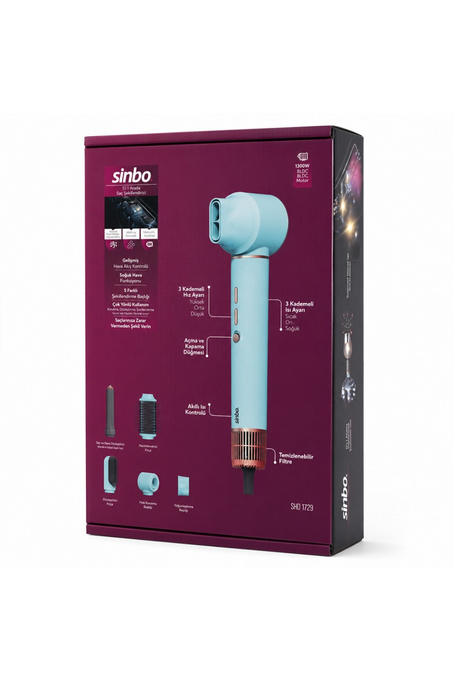 Sinbo Air Brush Saç Şekillendirme Cihazı - 5 Başlıklı - Mavi Renk