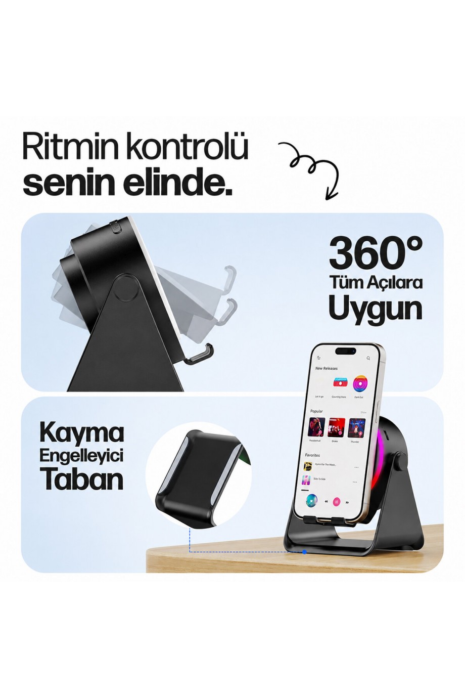 SoundPad Bluetooth Hoparlör - İndüksiyon Temas Özellikli - Telefon Standlı - Type-C Şarj - RGB Ambiyans Aydınlatma