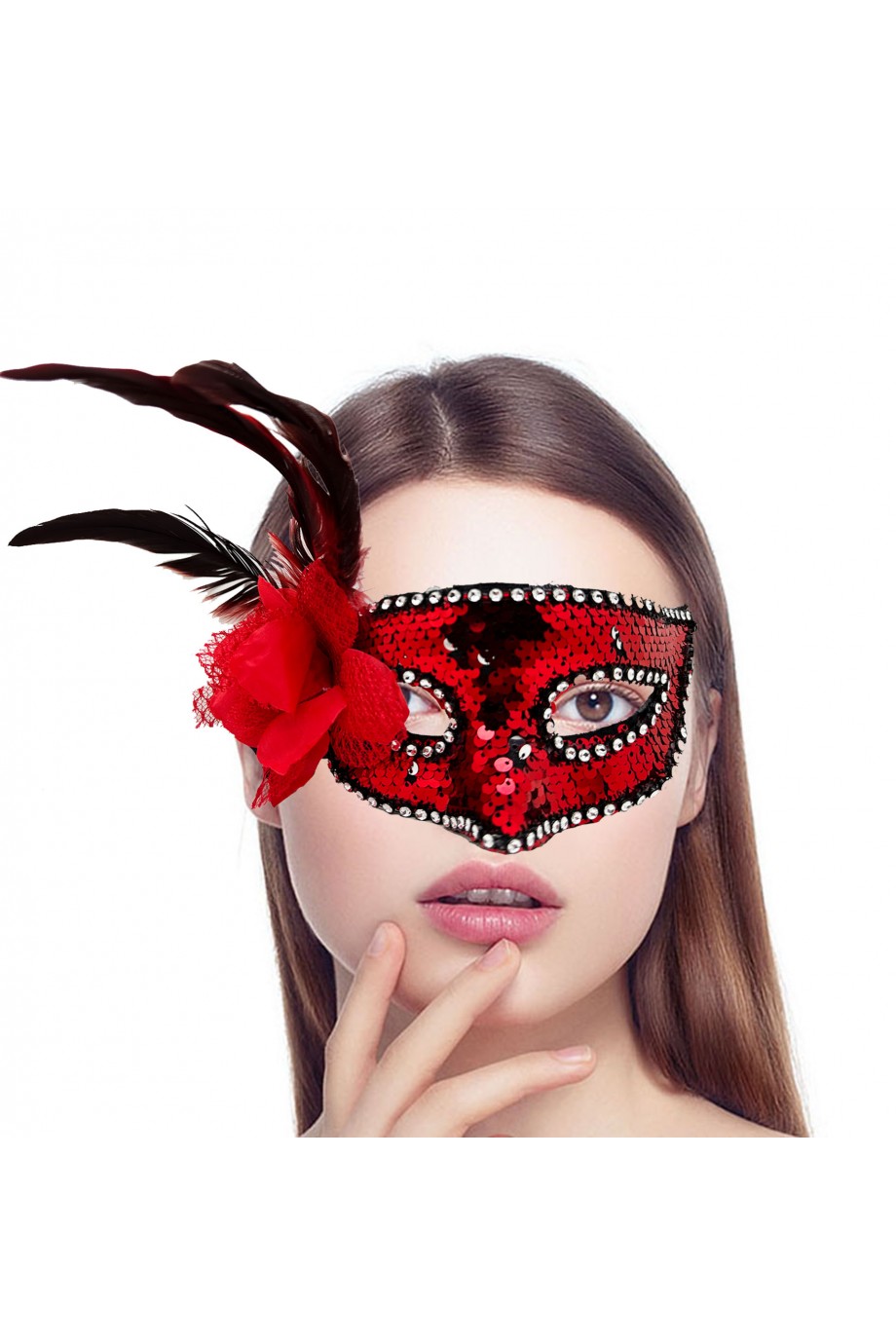 Kırmızı Yandan Tüylü Güllü Taşlı Pullu Maske