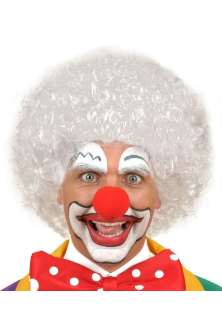 Beyaz Kıvırcık Afro Peruk ve Kırmızı Sünger Burun Seti