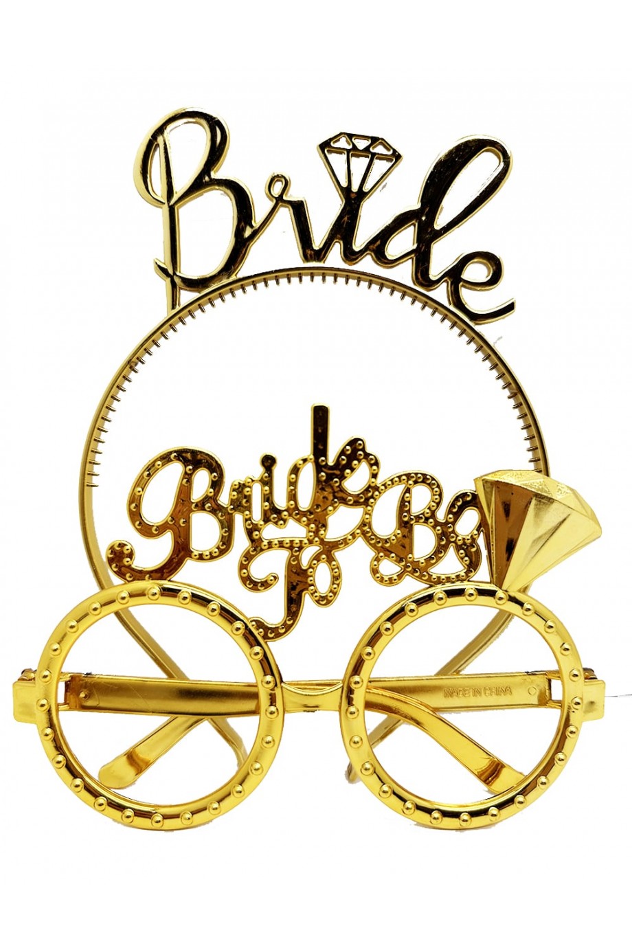 Bride Yazılı Taç ve Bride To Be Yazılı Gözlük Seti - Altın Renk