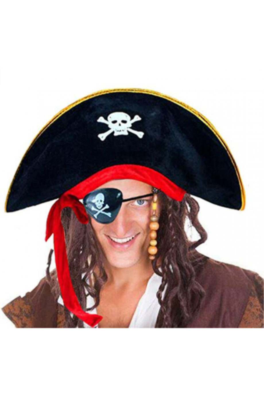 Yetişkin Boy Kadife Kaptan Jack Sparrow Korsan Şapkası ve Plastik Korsan Göz Maskesi