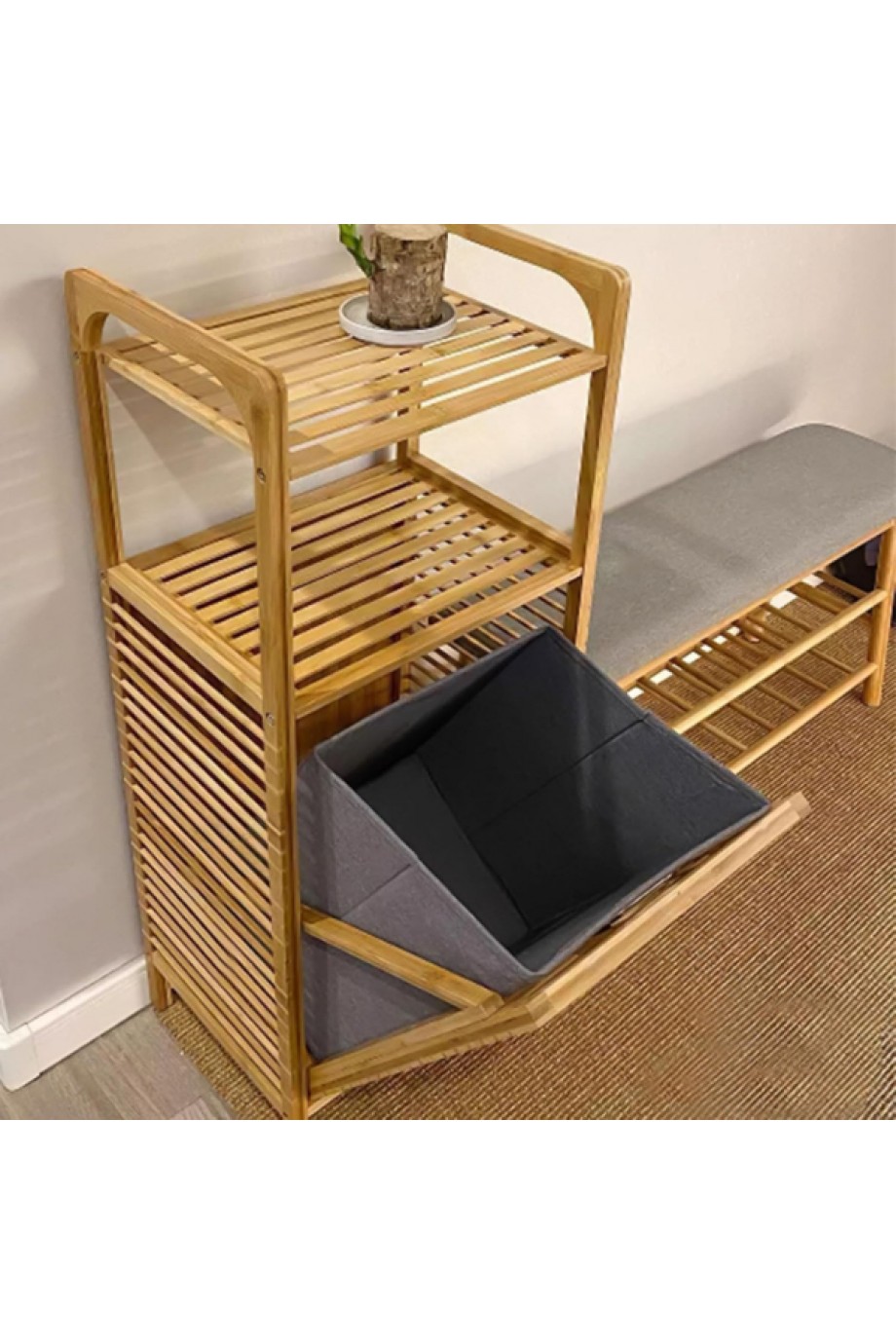 2 Organizer Raflı Ahşap Bambu Çek-Aç Kirli Sepeti