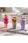 1000 ml Cam Matara Kupa Bardak - Bambu Kapaklı - Silikon Kılıflı - Çelik Pipetli